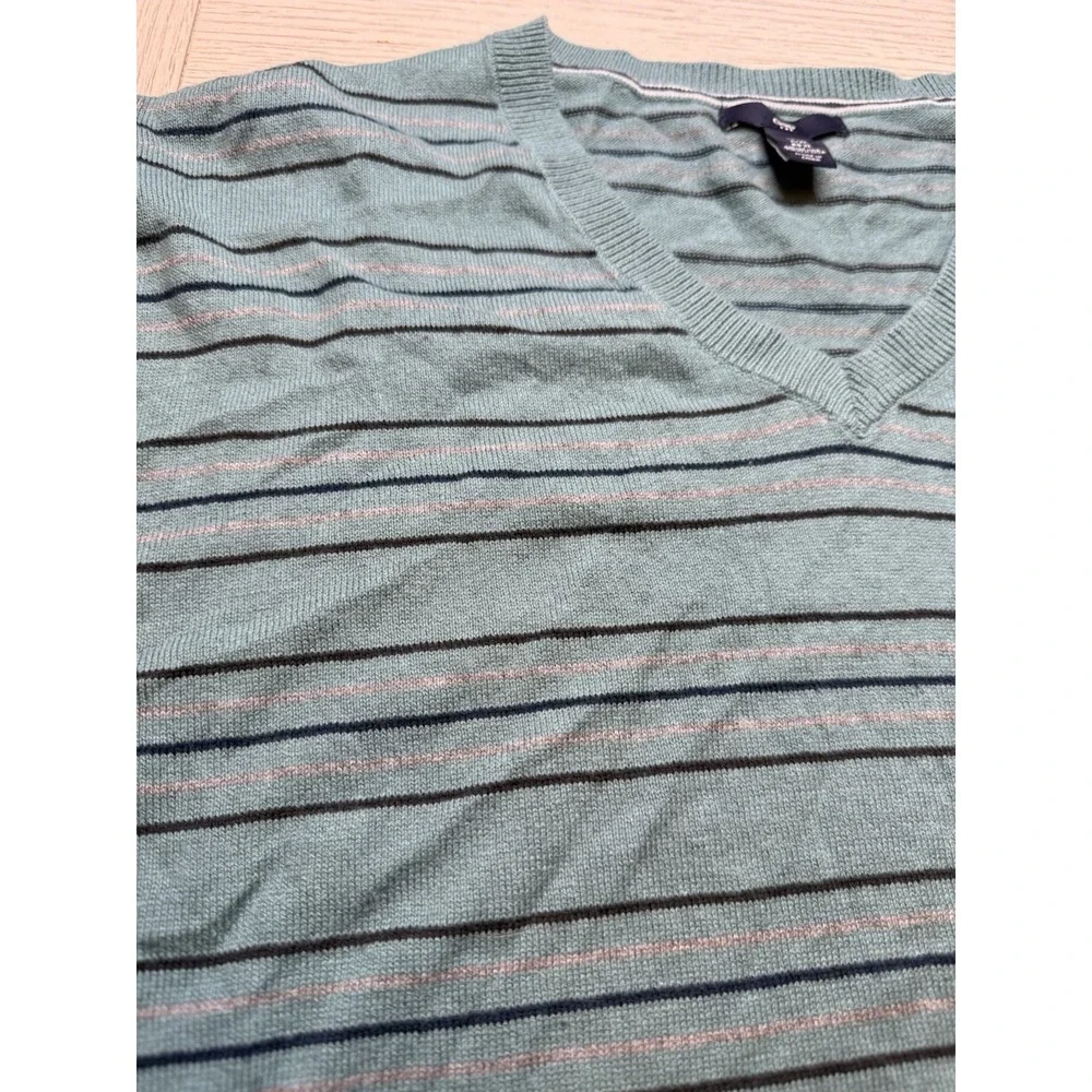 Gap Men's V Neck 100% Cotton Teal, Blk, Gray Striped Sweater. Lightweight. Sz XL